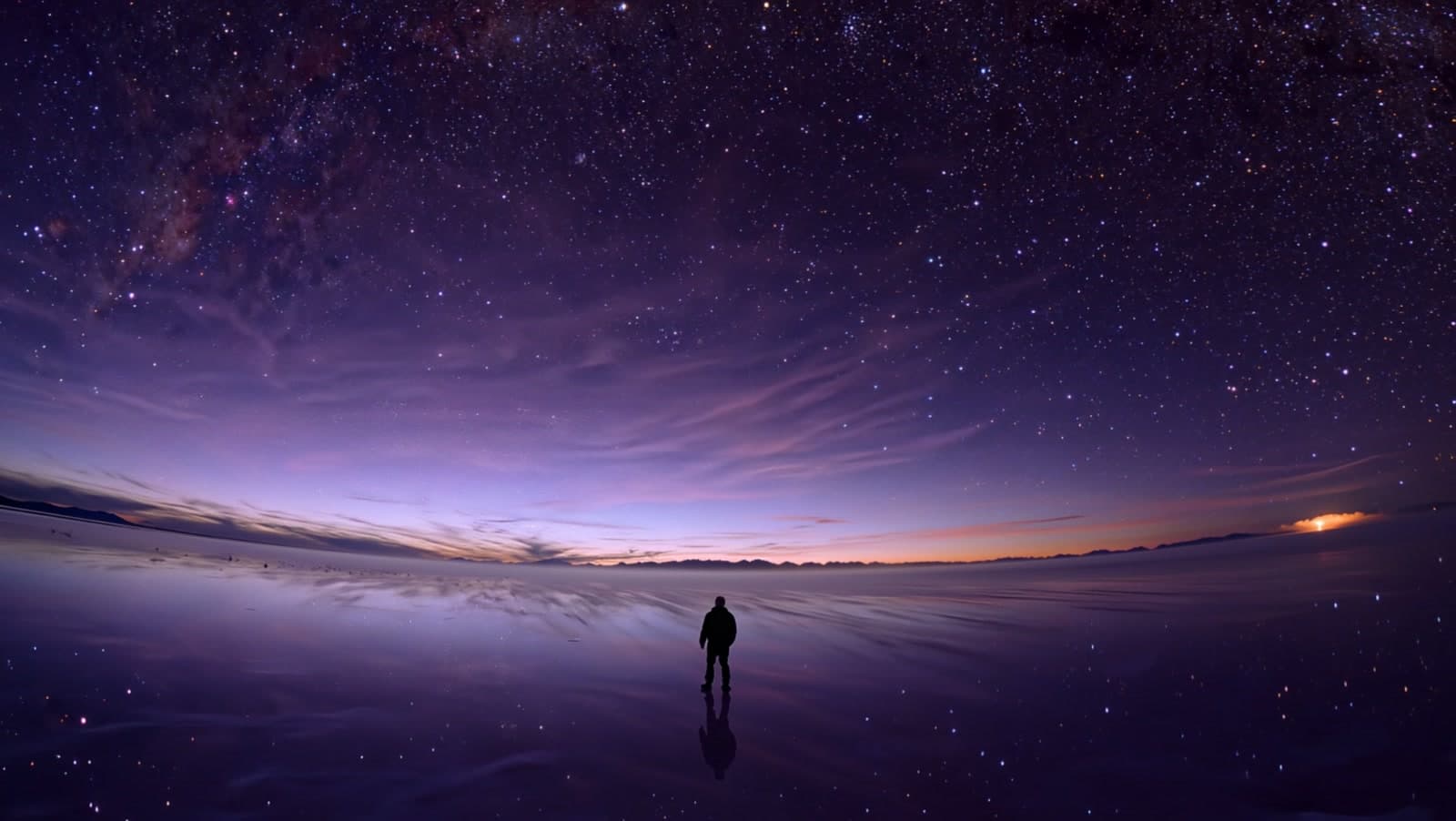 A lone figure standing on a mirror salt flat under a vast violet nebula, the sky reflected at their feet