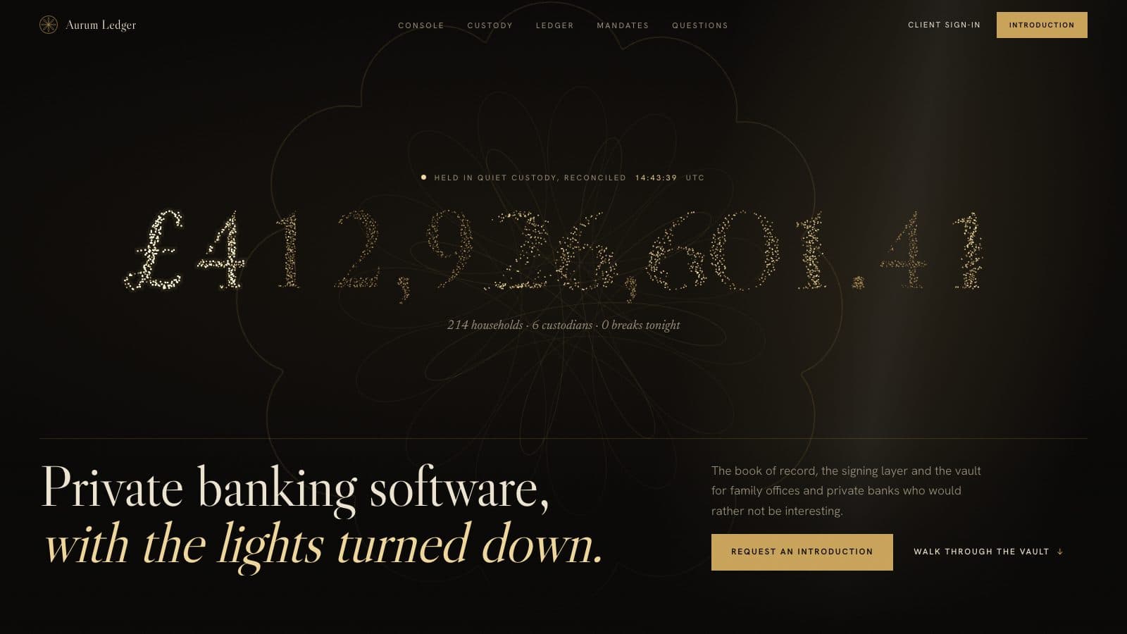 A balance figure drawn in gold particles over a near-black page for private banking software
