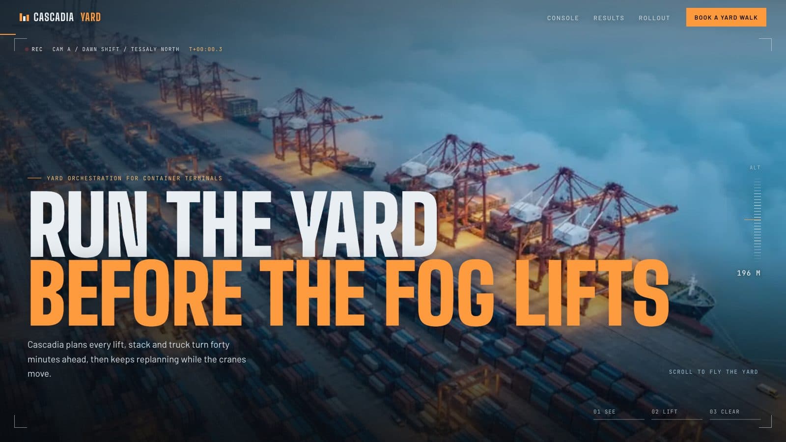 An aerial dawn view of a container terminal with red cranes above a sea of fog, bold orange headline