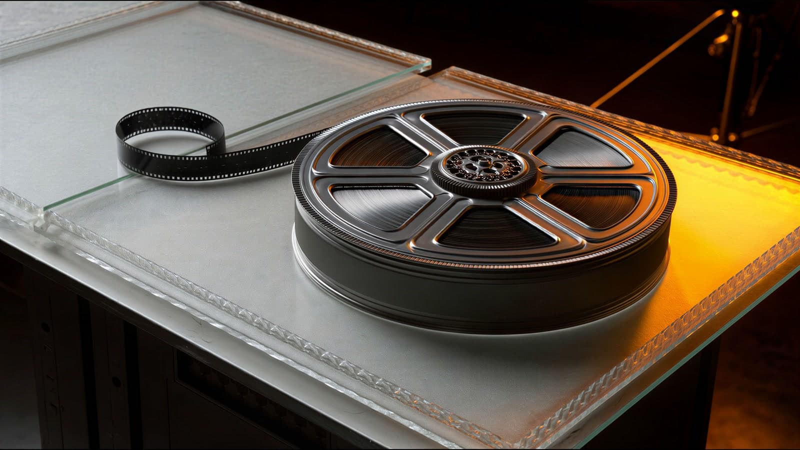 A brushed aluminium film reel lying on a frosted glass bench, a strip of 35mm film curling away from it, amber light raking in from the right