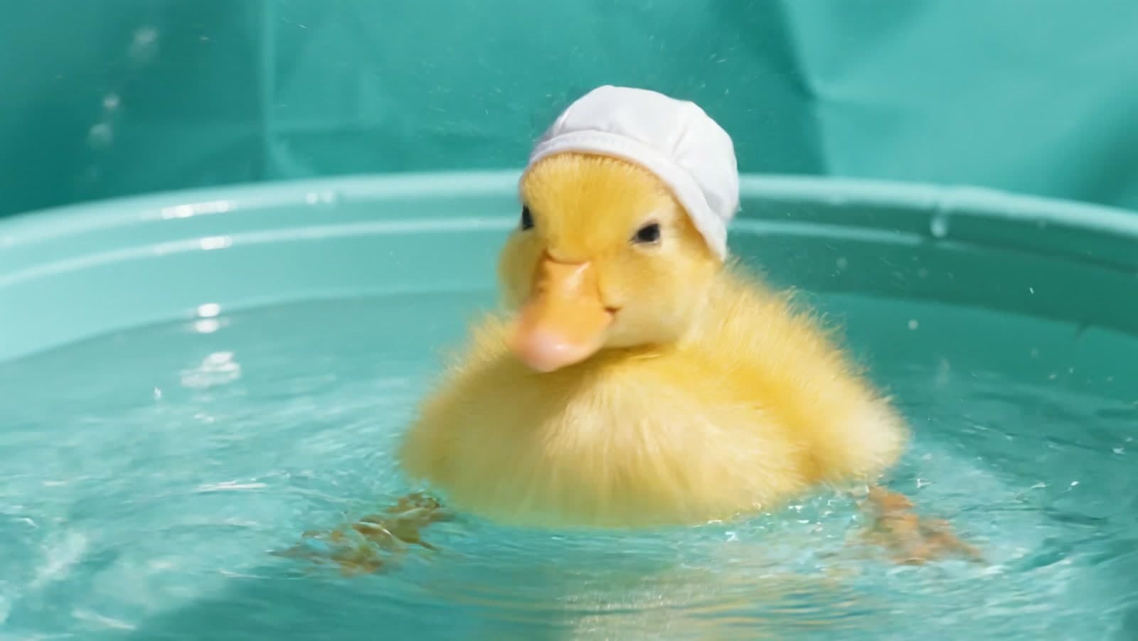A yellow duckling in a small white swim cap floating in a shallow aqua tub, looking toward the camera, against an aqua backdrop