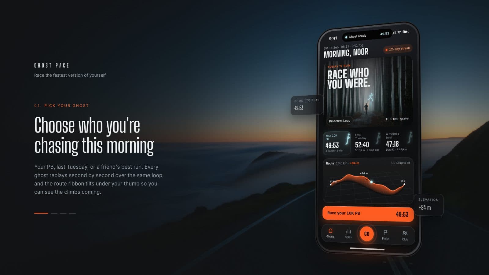 A phone over a foggy coastal road at dawn, showing a trail runner photo, ghost picks and an orange elevation ribbon