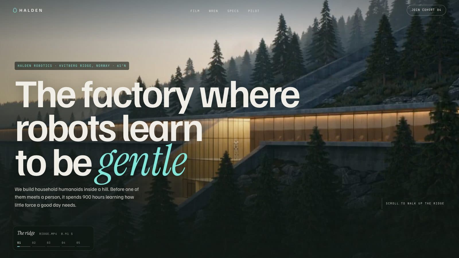 A long concrete and glass robotics lab glowing inside a misty pine hillside at dawn, headline about robots learning to be gentle