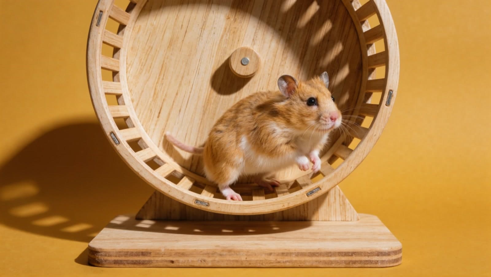 A golden Syrian hamster mid-stride in a light wooden exercise wheel on a marigold paper backdrop, hard light throwing the wheel's slatted shadow across the floor