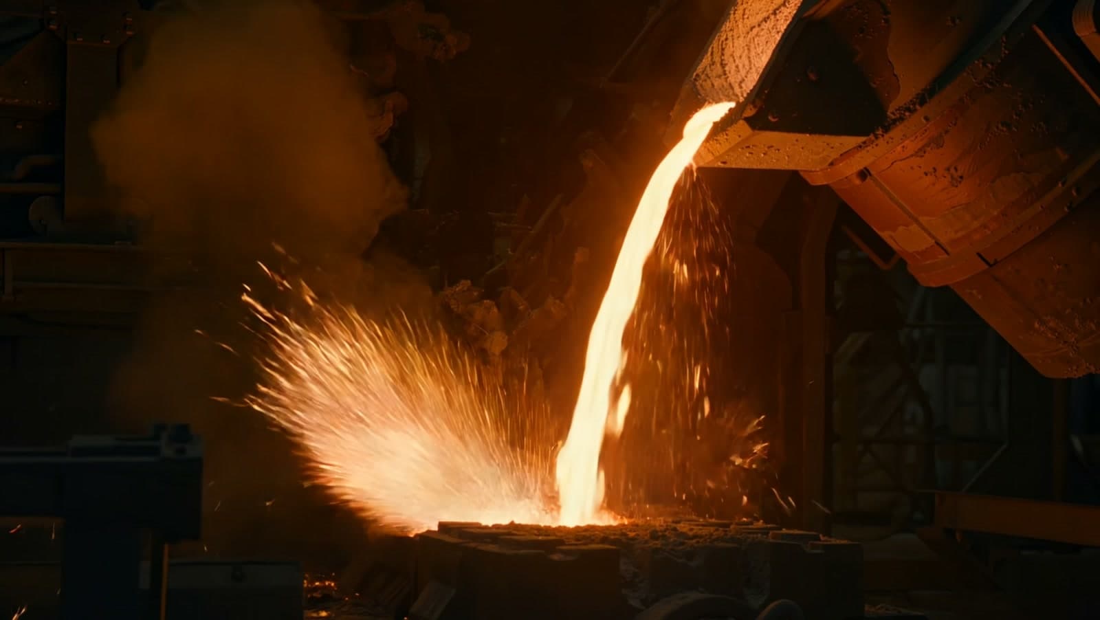 Molten metal pouring from a crucible in a dark foundry, sparks drifting as embers