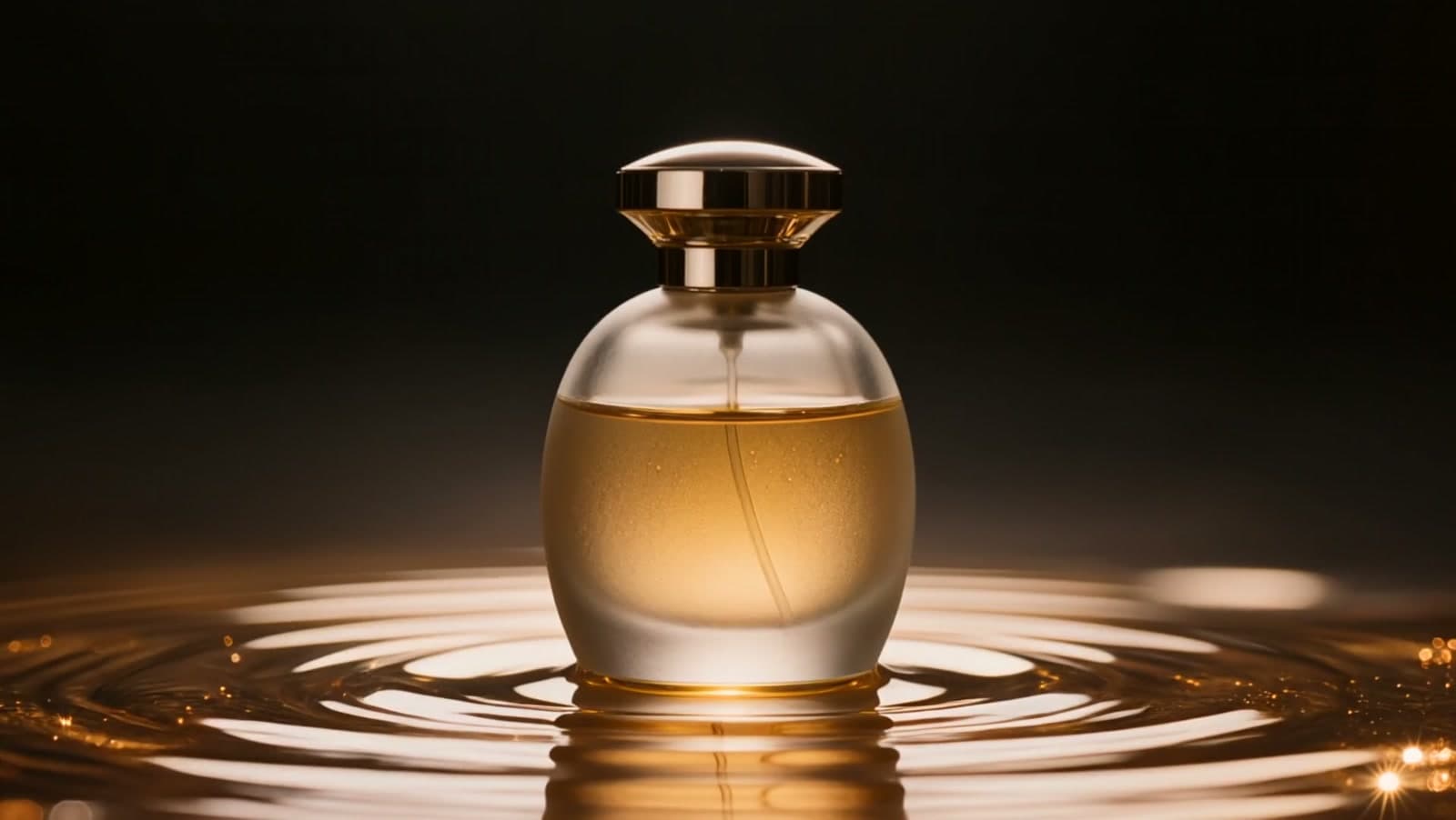 A frosted glass perfume bottle standing in a pool of glowing amber liquid, ripples spreading from its base