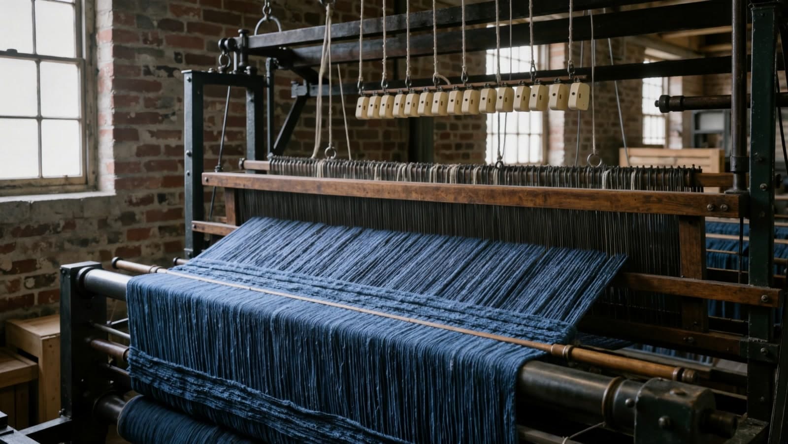 A jacquard loom in a brick mill, hundreds of indigo warp threads running to a roll of woven indigo cloth, cream harness weights hanging on cords above, window light from the left