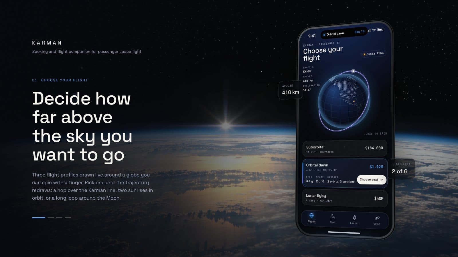 A phone floating over Earth's curve at orbital sunrise, showing a dotted globe with an orbit ring and flight cards