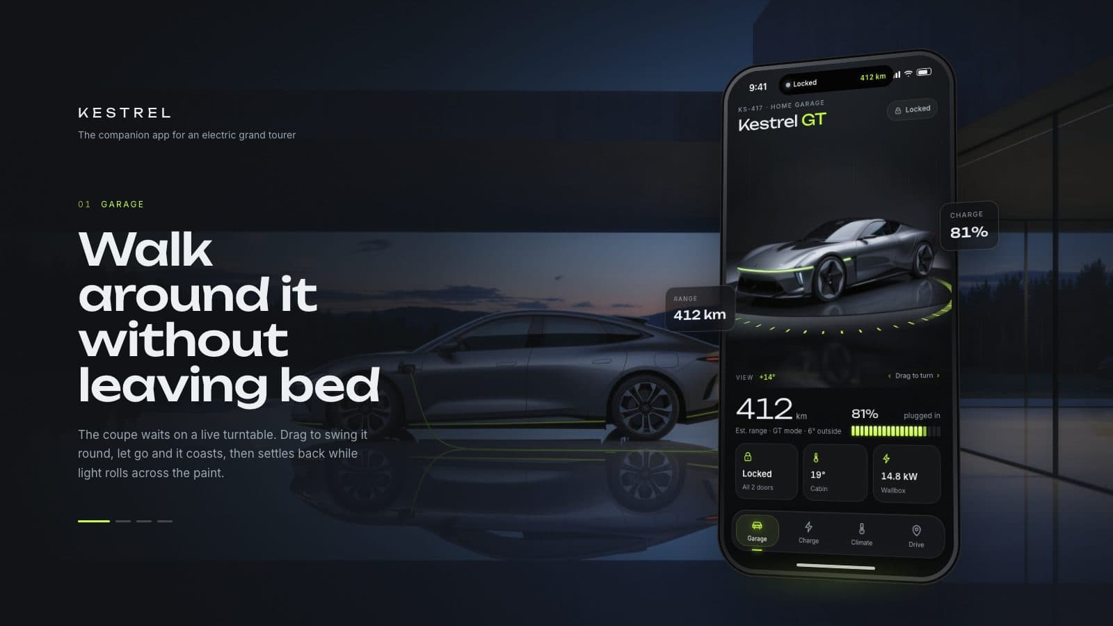 A phone beside a graphite electric coupe in a glass garage, showing the car on a lit turntable with range and charge