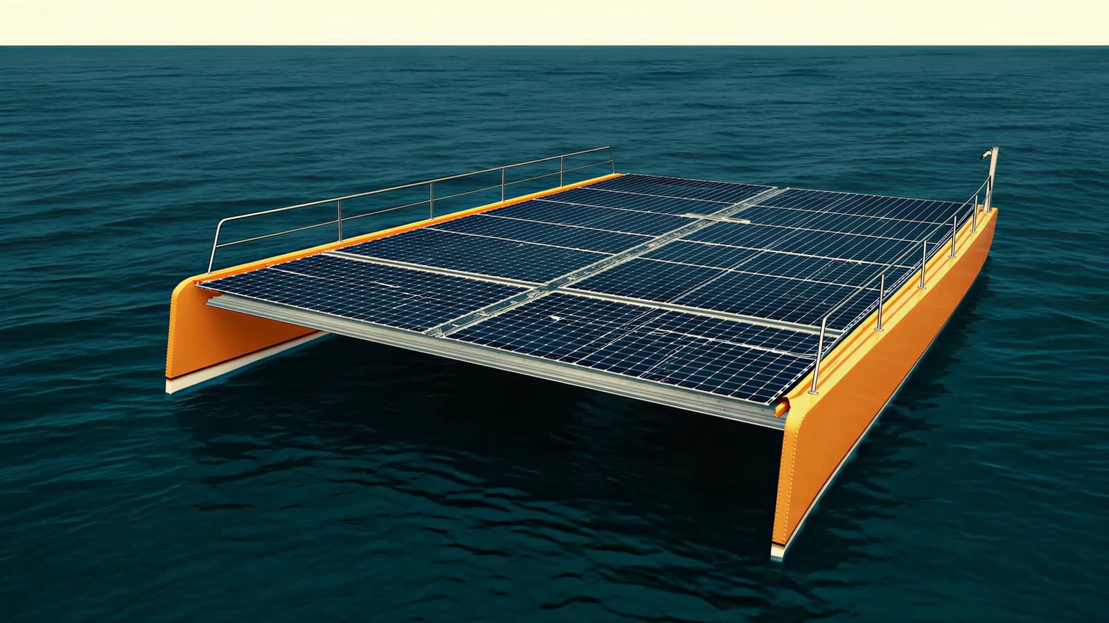 An uncrewed catamaran with two signal orange hulls and a flat deck of solar panels behind silver rails, floating on deep teal water under a pale cream sky