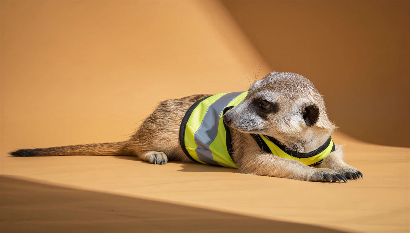 A meerkat in a fluorescent yellow hi-vis vest lies on its belly on a sand-orange backdrop, looking back over its shoulder
