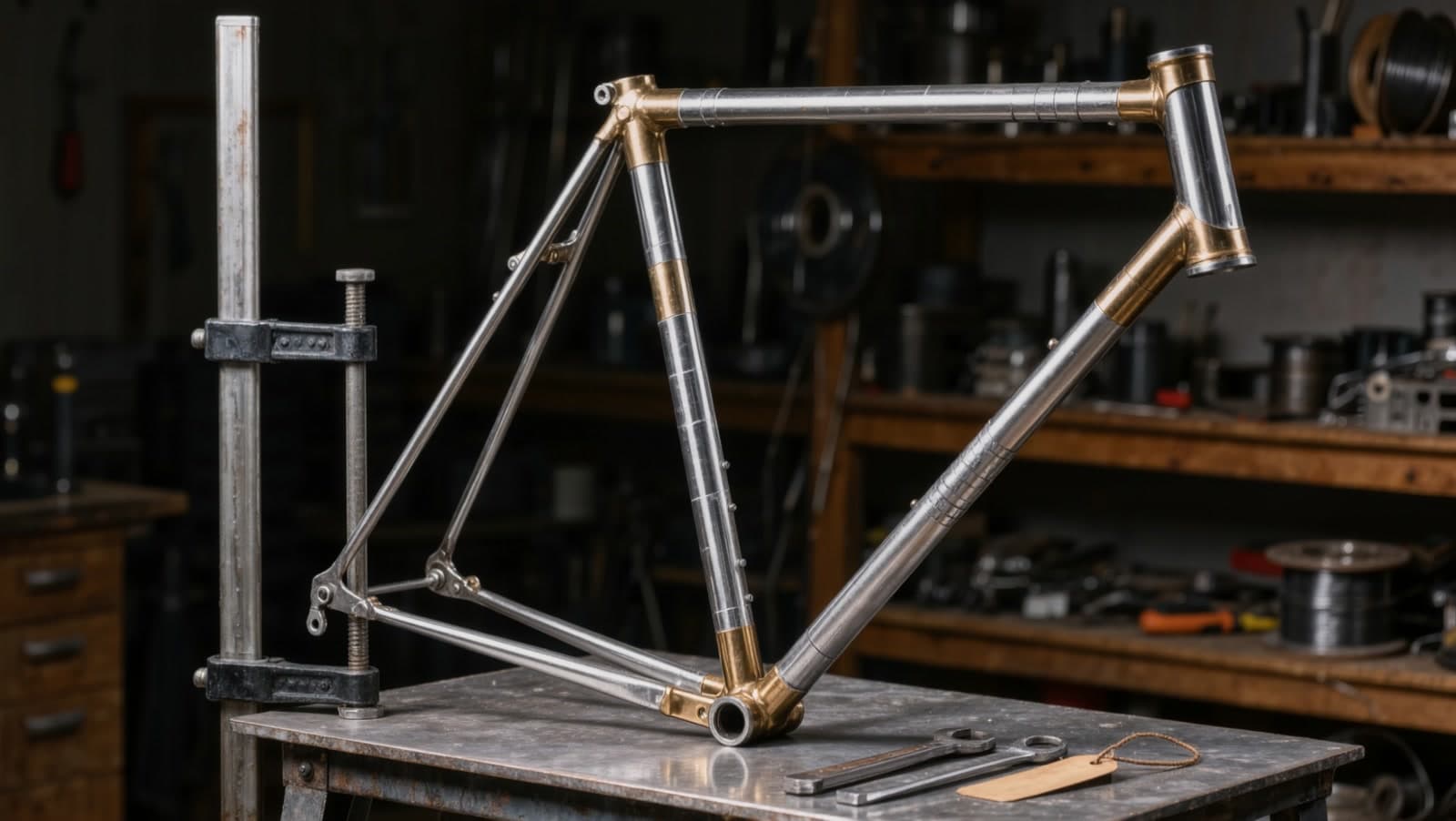 A bare steel bicycle frame with brass lugs standing on a steel workbench beside a clamp stand, two spanners and a brass tag, shelves of tools behind in a dim workshop