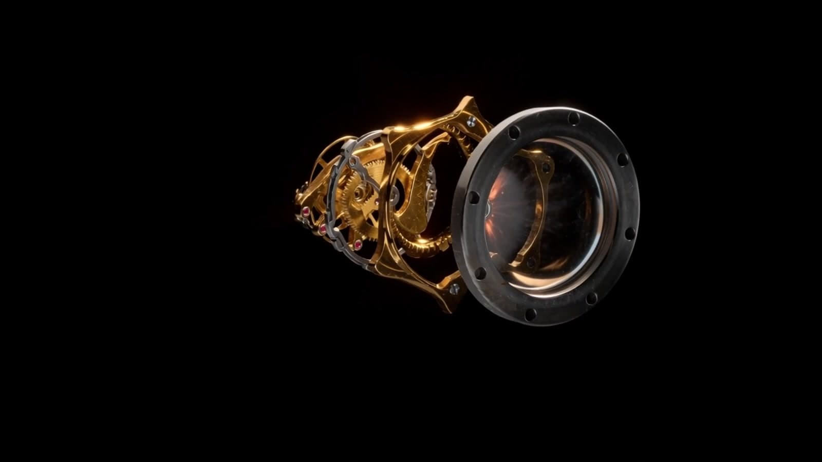 A mechanical watch movement in exploded view on black, gold wheels, steel case and sapphire crystal spaced along one diagonal