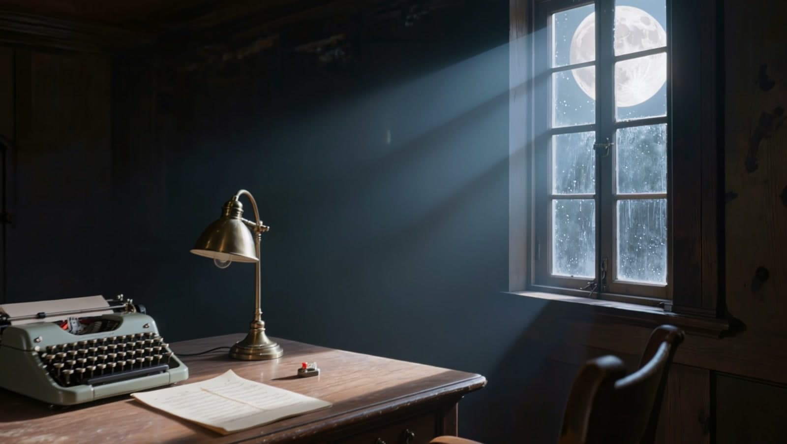A vintage typewriter and brass lamp on a wooden desk, moonlight falling through a rippled window with the moon beyond