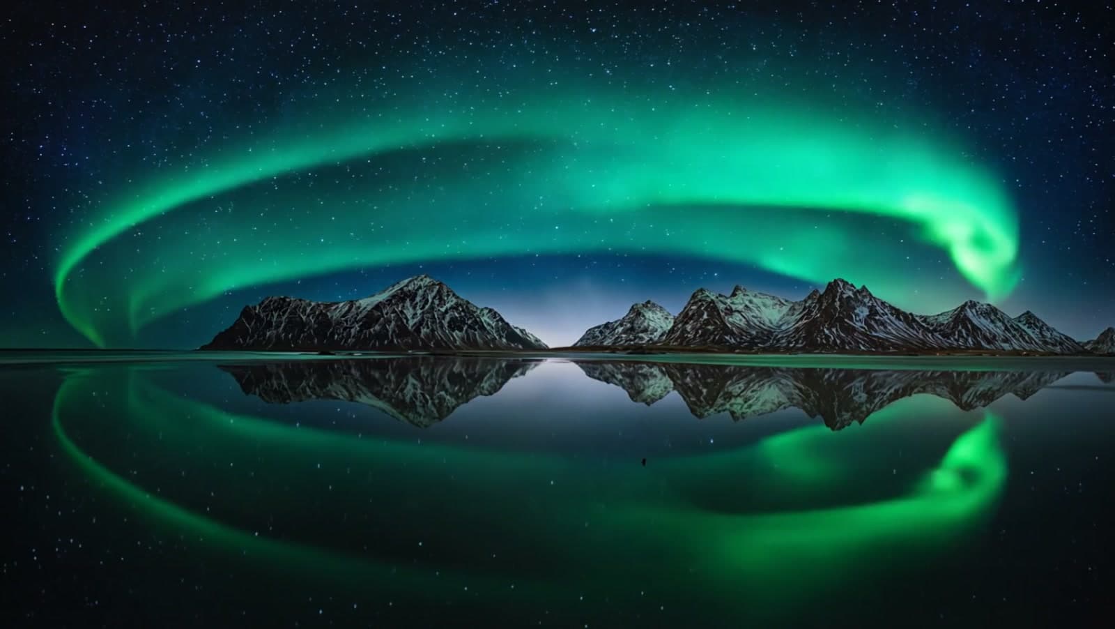Green aurora ribbons over a mirror-still frozen fjord at night, snow mountains in silhouette