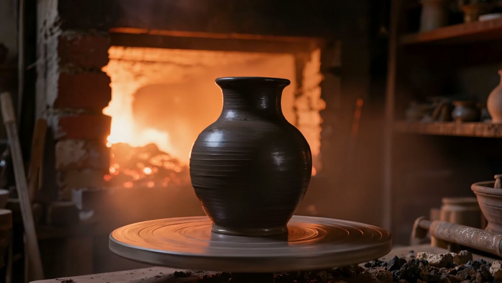 A black unglazed ceramic vase on a potter's wheel, lit by the orange glow of an open kiln door