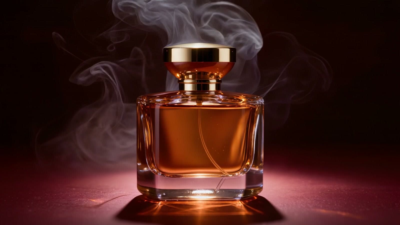An amber glass perfume bottle with a brass cap glowing from within, incense smoke curling behind it