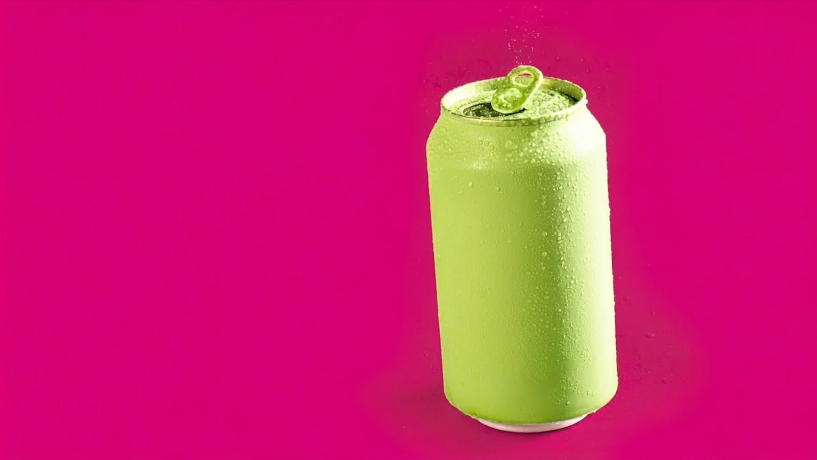A pistachio green soda can beaded with condensation on a hot pink surface, fizz rising from its open tab