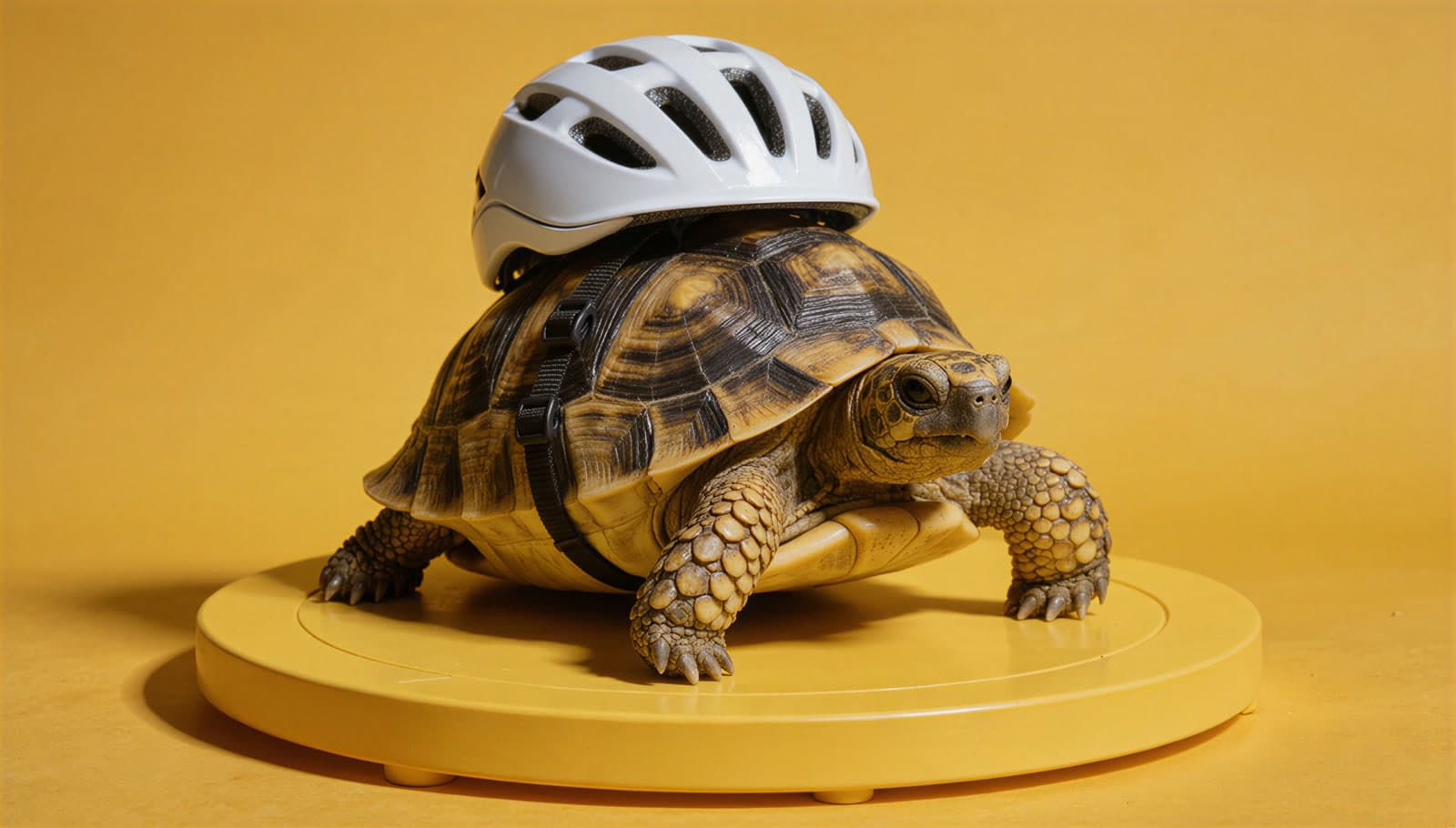 A leopard tortoise with a white cycling helmet strapped on top of its shell stands on a yellow turntable against a yellow paper backdrop, head out, looking towards the camera