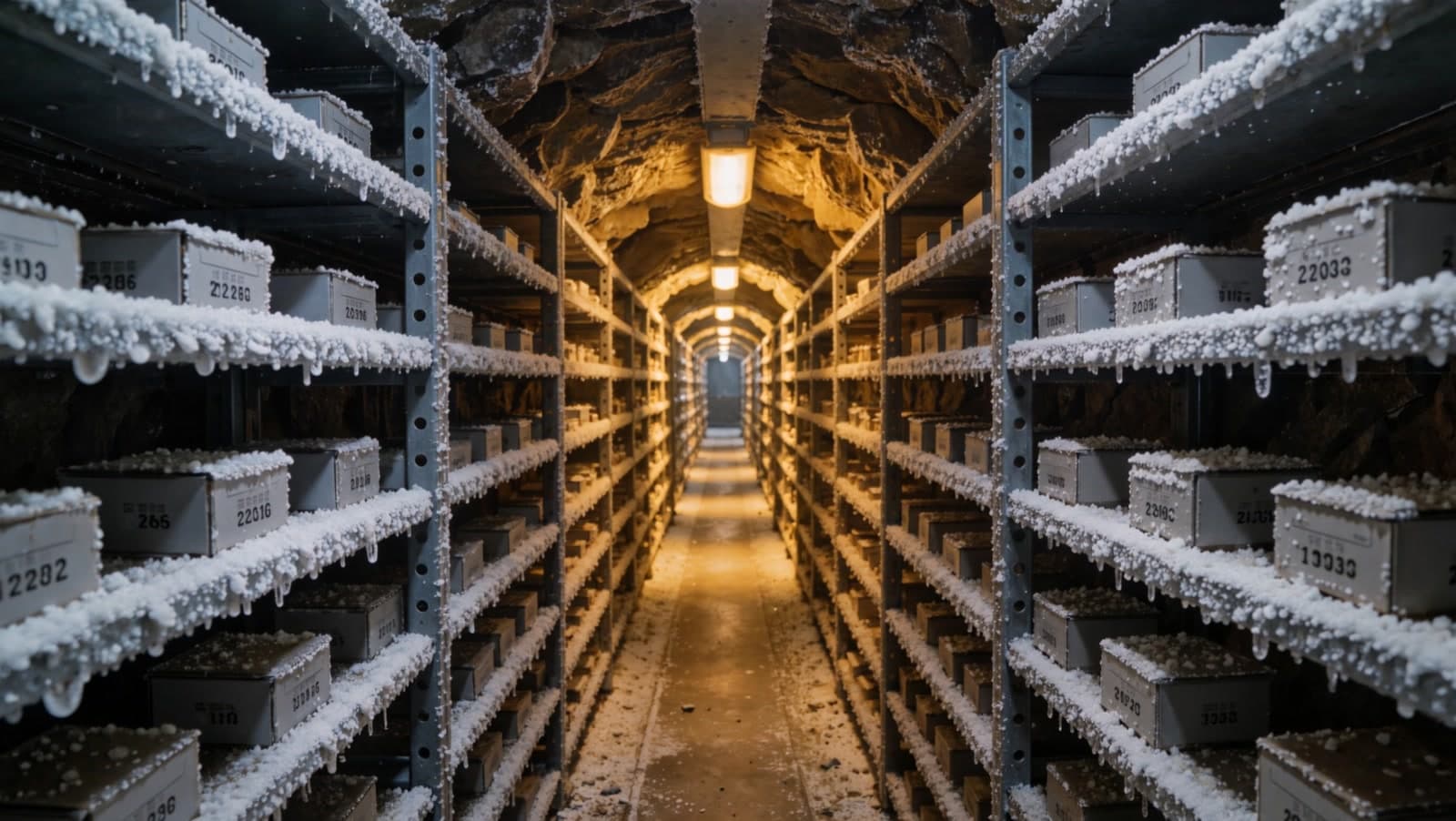 A long aisle of steel shelving cut into rock, every shelf edge thick with frost, sealed grey seed boxes with stencilled codes, amber lamps along the ceiling