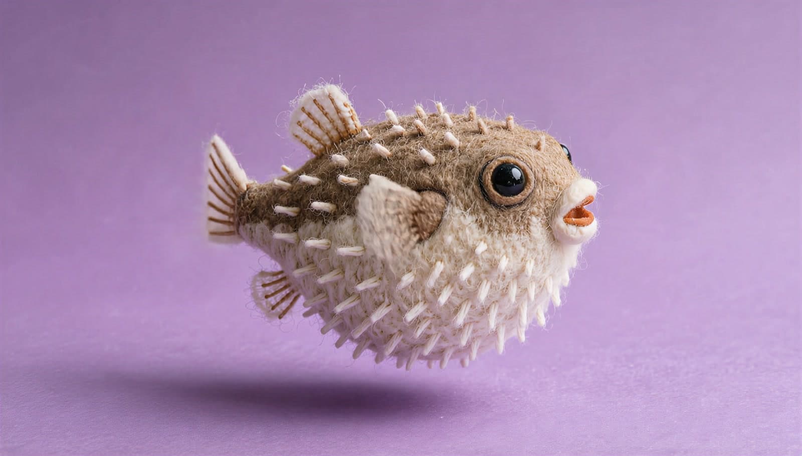 A felt pufferfish puffed into a round ball of cream wool spines, with a brown felt back, stitched fins and round black eyes, floating over a lilac paper backdrop