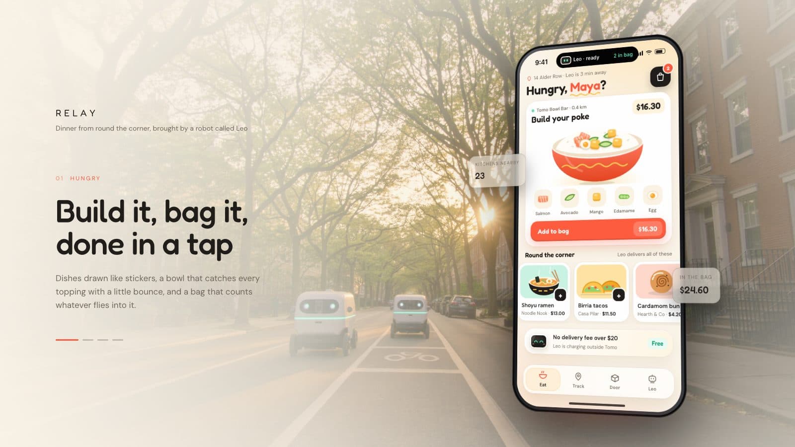 A phone over a golden-hour tree-lined street with delivery robots, showing a poke bowl builder in bright sticker art