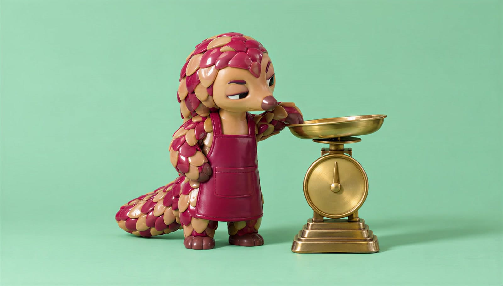 A glossy vinyl toy pangolin in a raspberry apron squints sideways at an empty brass sweet shop scale on a mint green paper backdrop