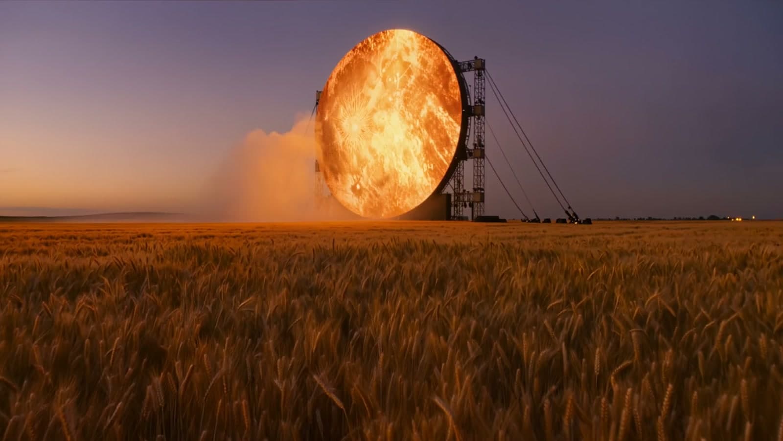 A huge circular LED sun screen on concert scaffolding glowing over a wheat field at dusk