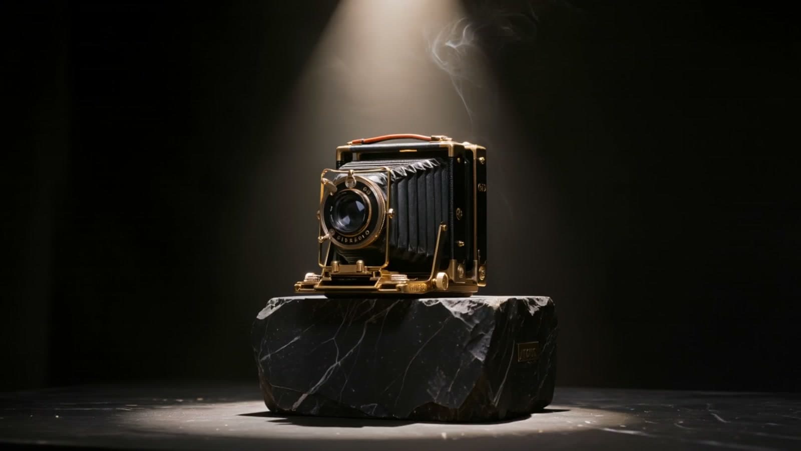 A vintage medium-format camera on a black stone plinth under a single warm spotlight, smoke drifting through the beam