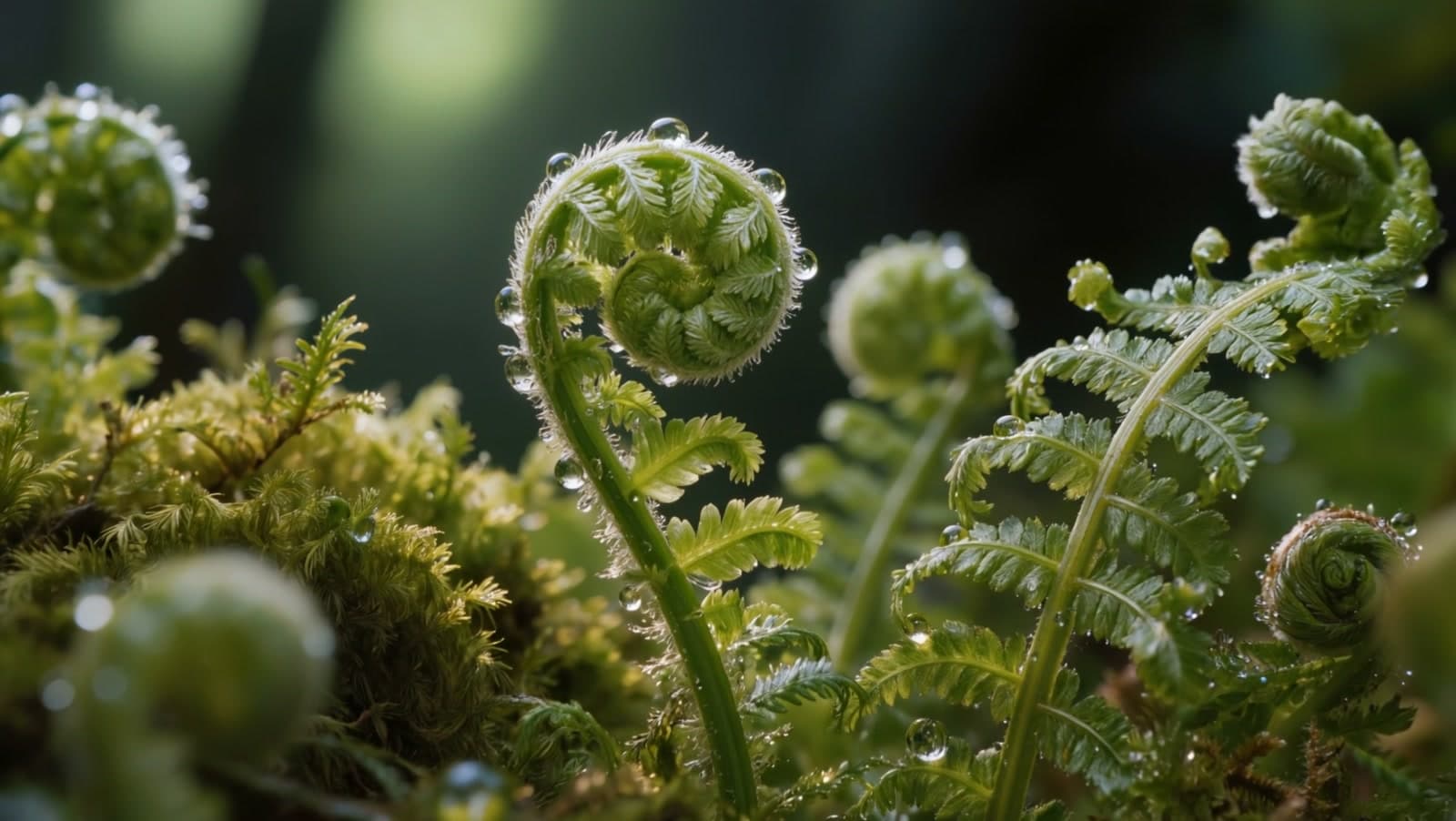 Young fern fronds unfurling among dewy moss, backlit by soft mint light