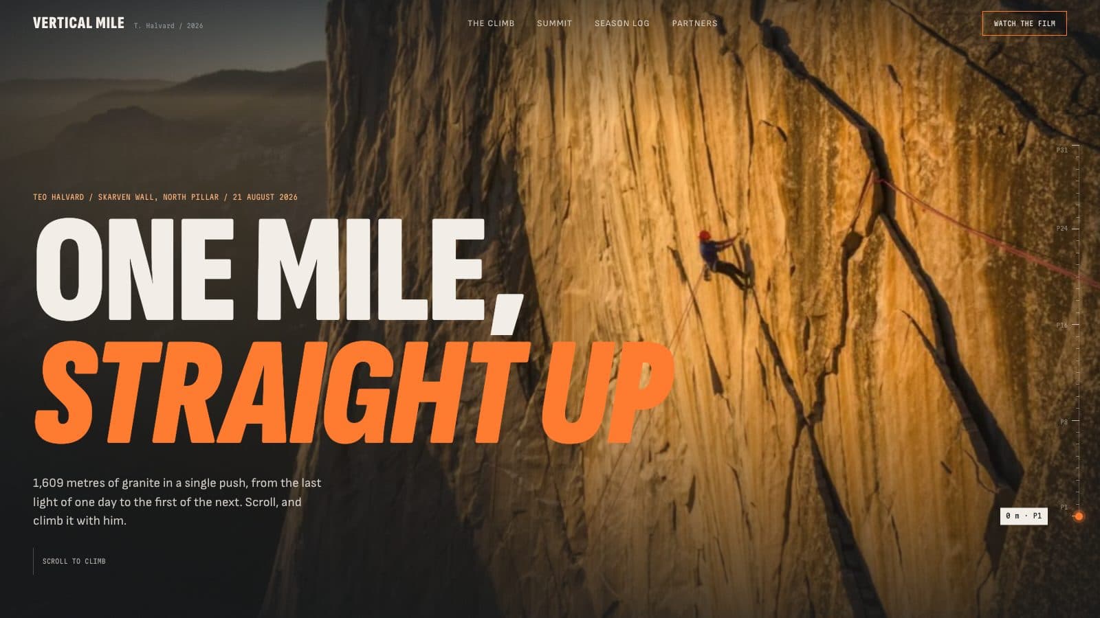 A climber in a red helmet on a sheer golden granite wall at dawn beside the headline One mile, straight up