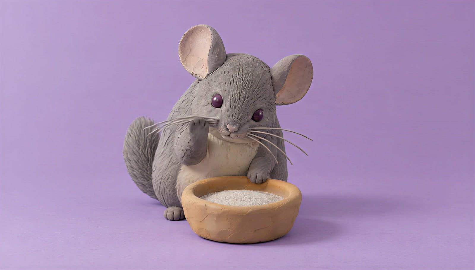 A clay chinchilla with pink ears and plum bead eyes grooming one whisker with a paw, beside a biscuit clay dish of pale dust on a lilac paper backdrop