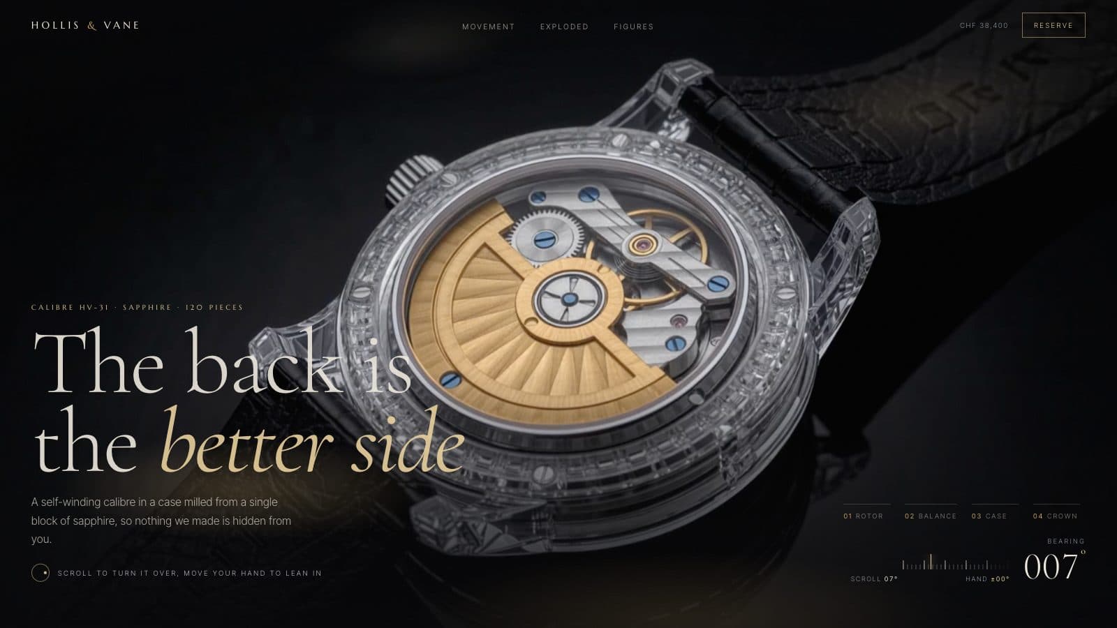 An open-caseback sapphire watch with a gold rotor turning under warm light on black lacquer