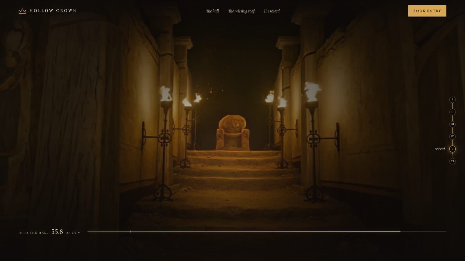 A torch-lit ruined throne hall with rows of carved columns and a worn stone throne at the far end