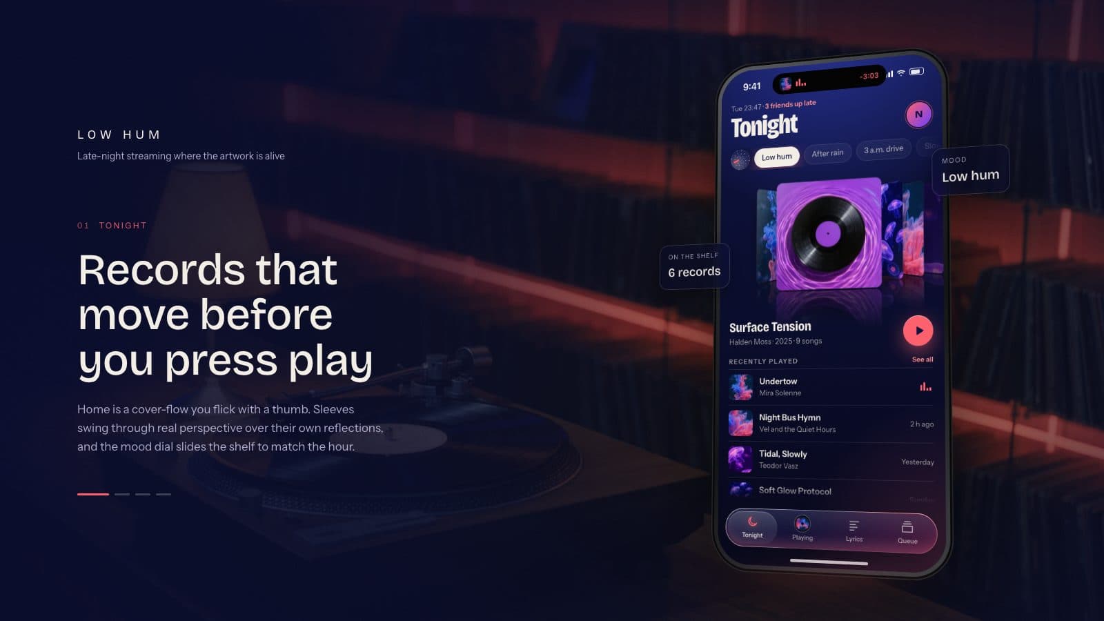 A phone over a late-night listening bar, showing a 3D shelf of glowing album covers and a play button