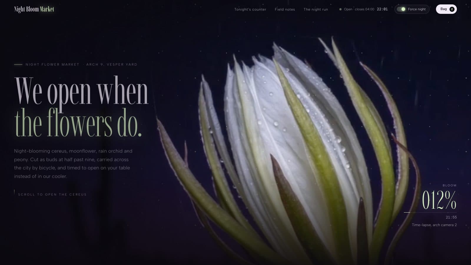 A night-blooming cereus bud glowing white against violet darkness beside the headline We open when the flowers do