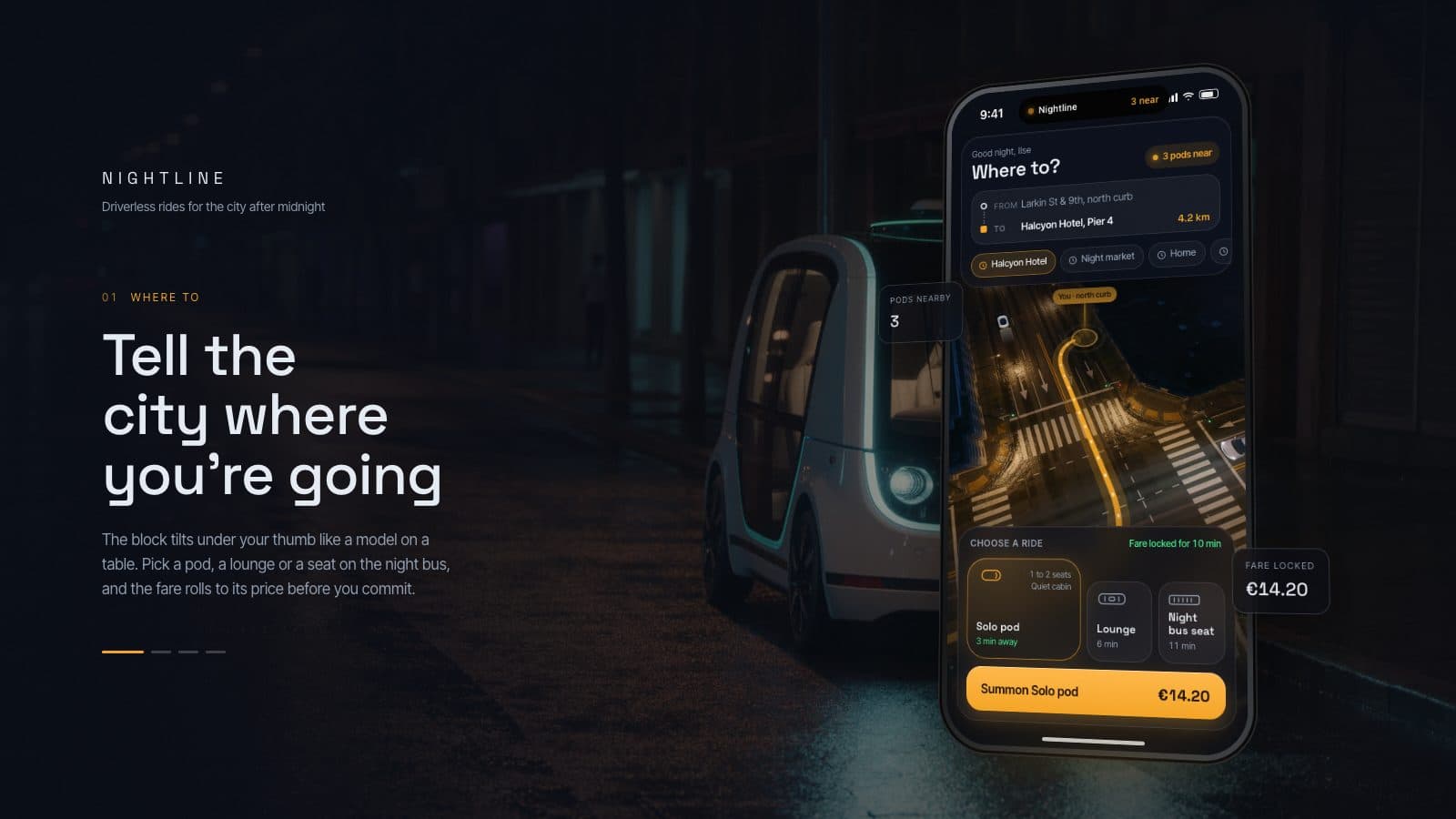 A phone over a rain-wet night street with a white driverless pod, showing a tilted amber map and three ride choices