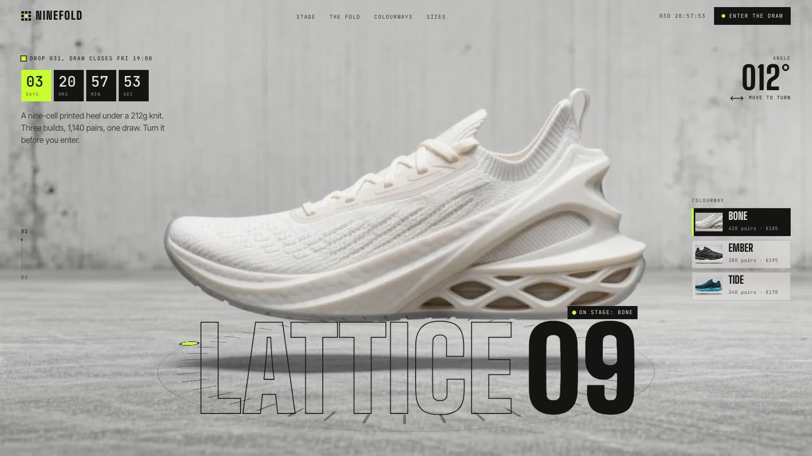 A bone white sculpted sneaker with a lattice midsole floating above a concrete studio floor, drop countdown and colorway rail