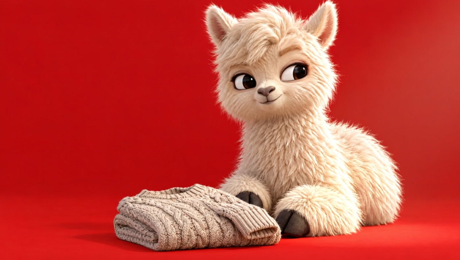 A fluffy cream baby alpaca lies on a tomato red paper backdrop beside a folded oatmeal cable-knit jumper, eyes slid sideways in a side-eye