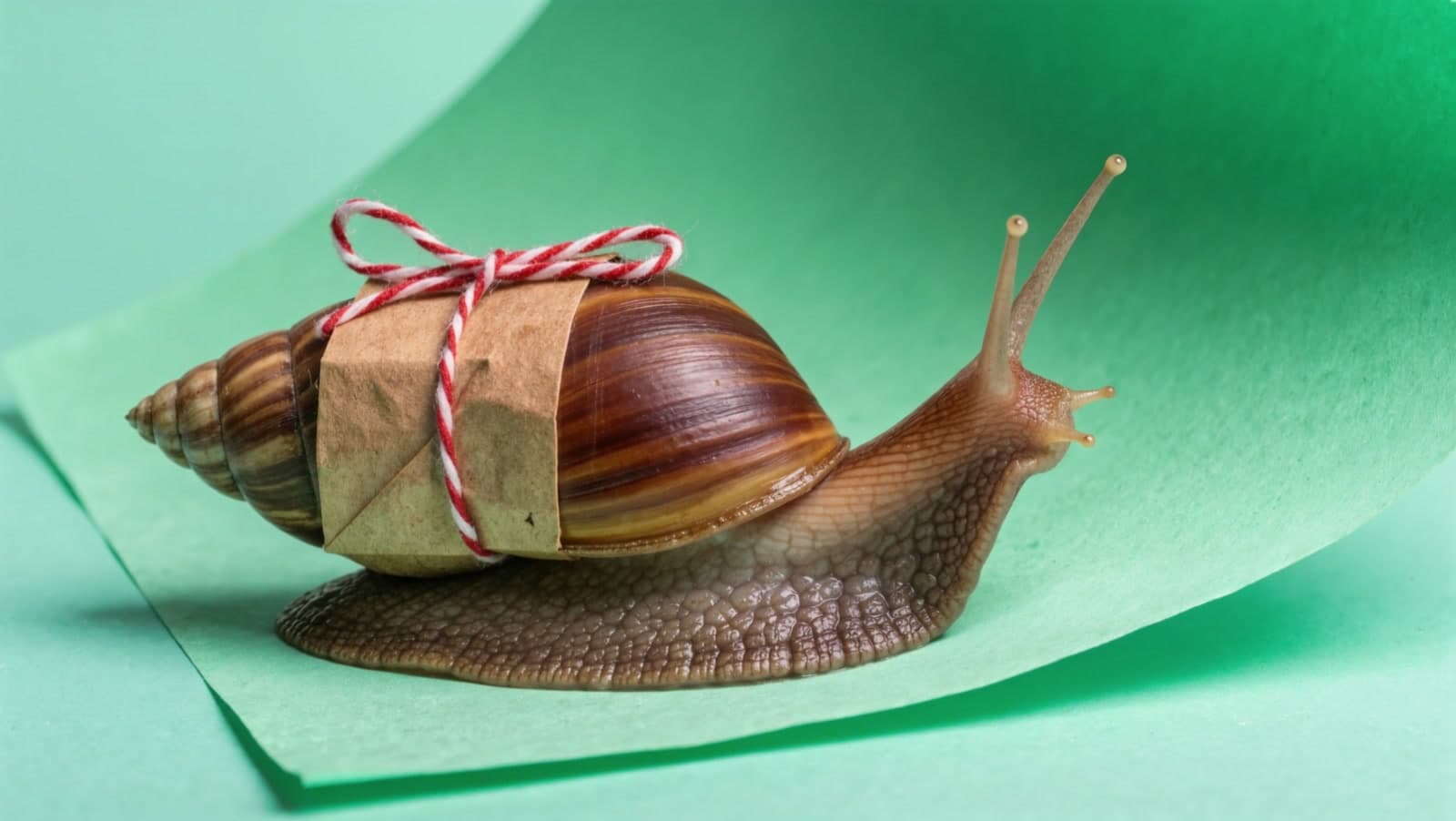A garden snail with a kraft paper parcel tied to its shell by red and white string, eye stalks raised, crawling across a curling sheet of mint paper