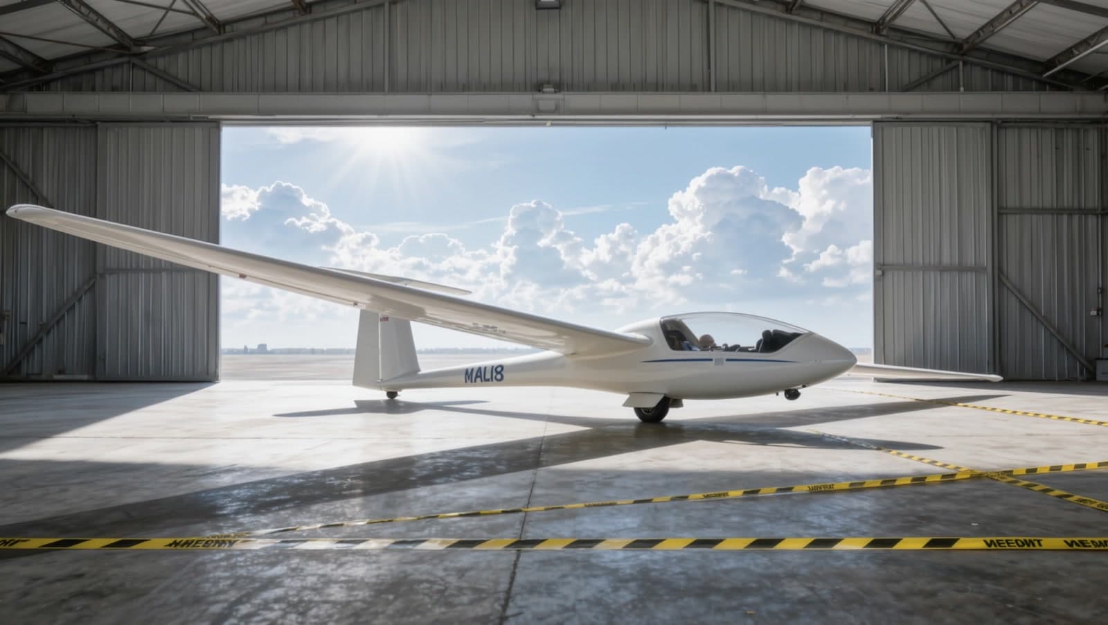 A white sailplane with long slender wings standing on one wheel in a corrugated steel hangar, the doors open on a bright sky of tall cumulus clouds, yellow safety tape crossing the sunlit concrete floor