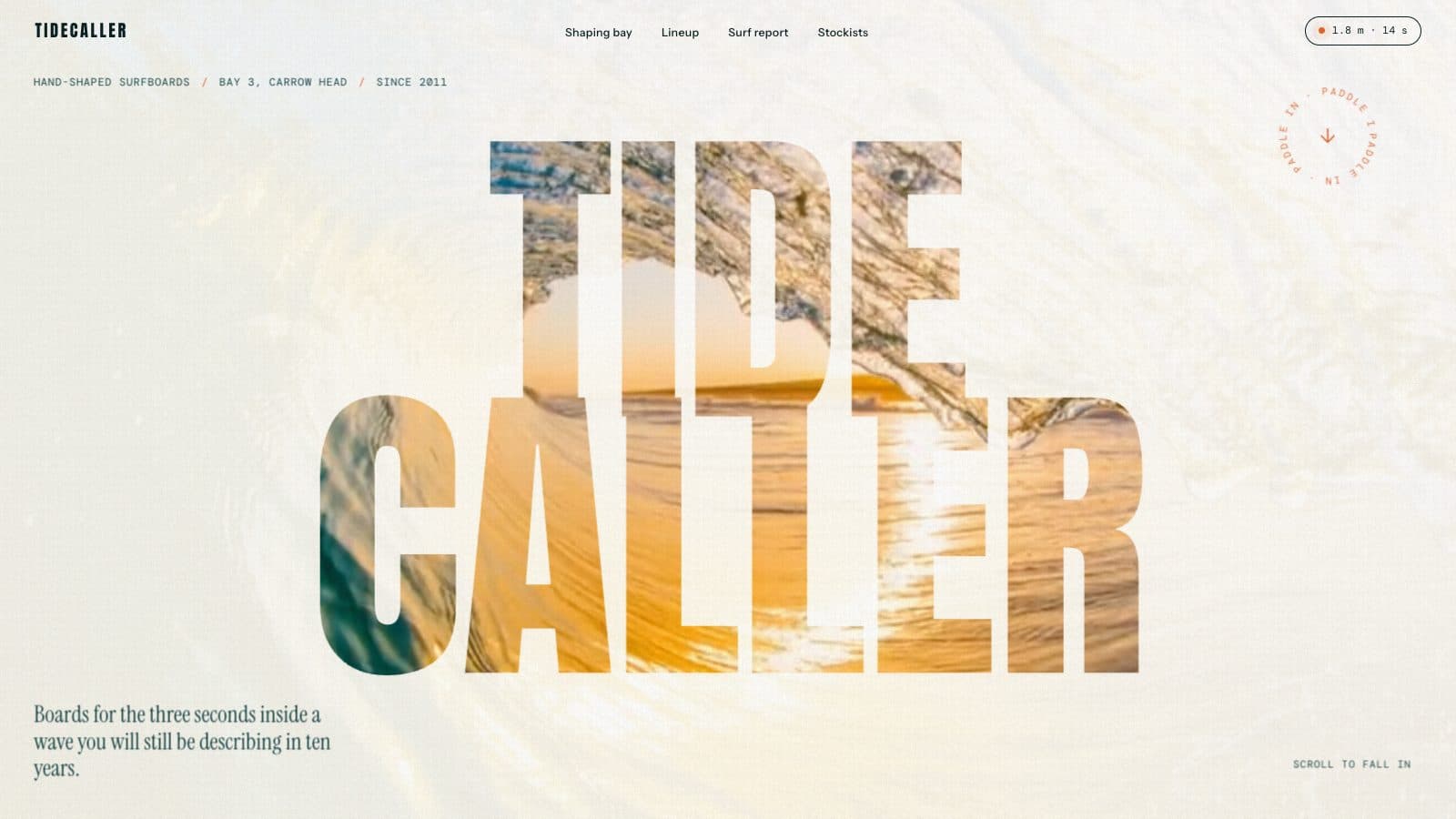 The TIDECALLER wordmark filled with golden barrel-wave footage on a warm cream page