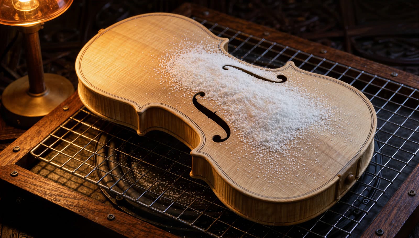 A pale spruce violin plate on a wire frame over a speaker on a dark wooden bench, a band of white sand gathered across its middle under a warm lamp