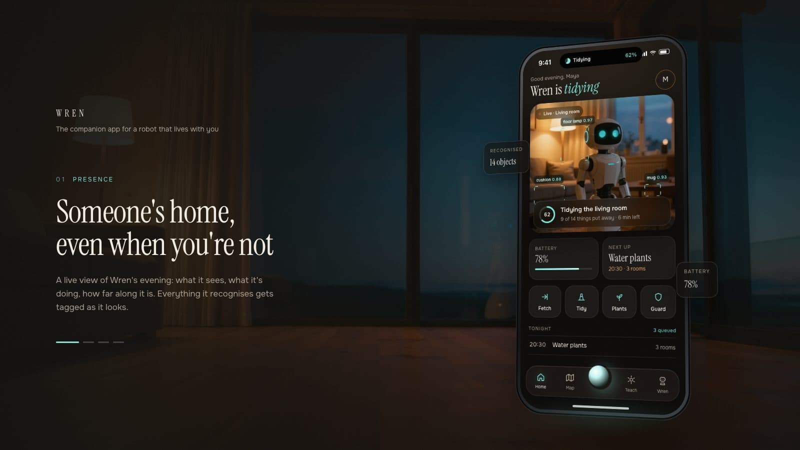 A phone floating over a dusk living room, showing Wren's live camera card with a white home robot tagged by object labels