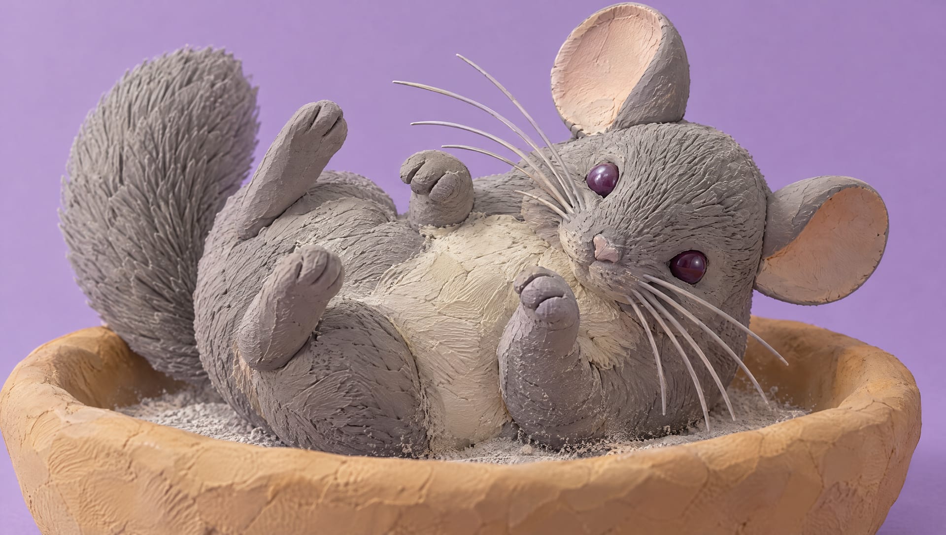 The clay chinchilla on its back in the dish, paws up, rolling in pale dust