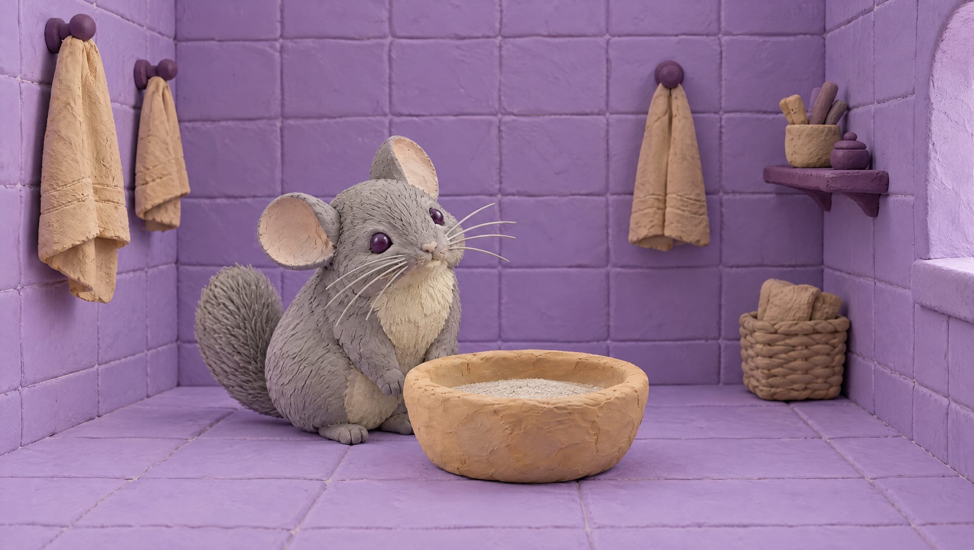 The chinchilla small beside its tub in a lilac tiled bathhouse, biscuit towels on plum pegs
