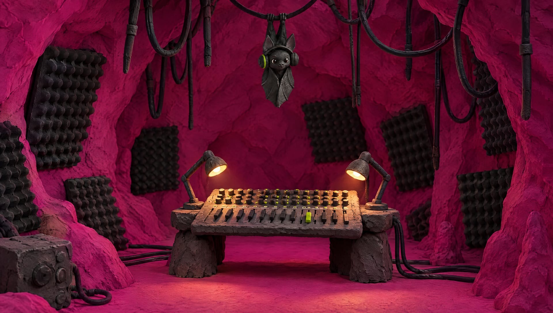 The cave studio: foam on magenta rock, cables hanging, a lamp-lit mixing desk