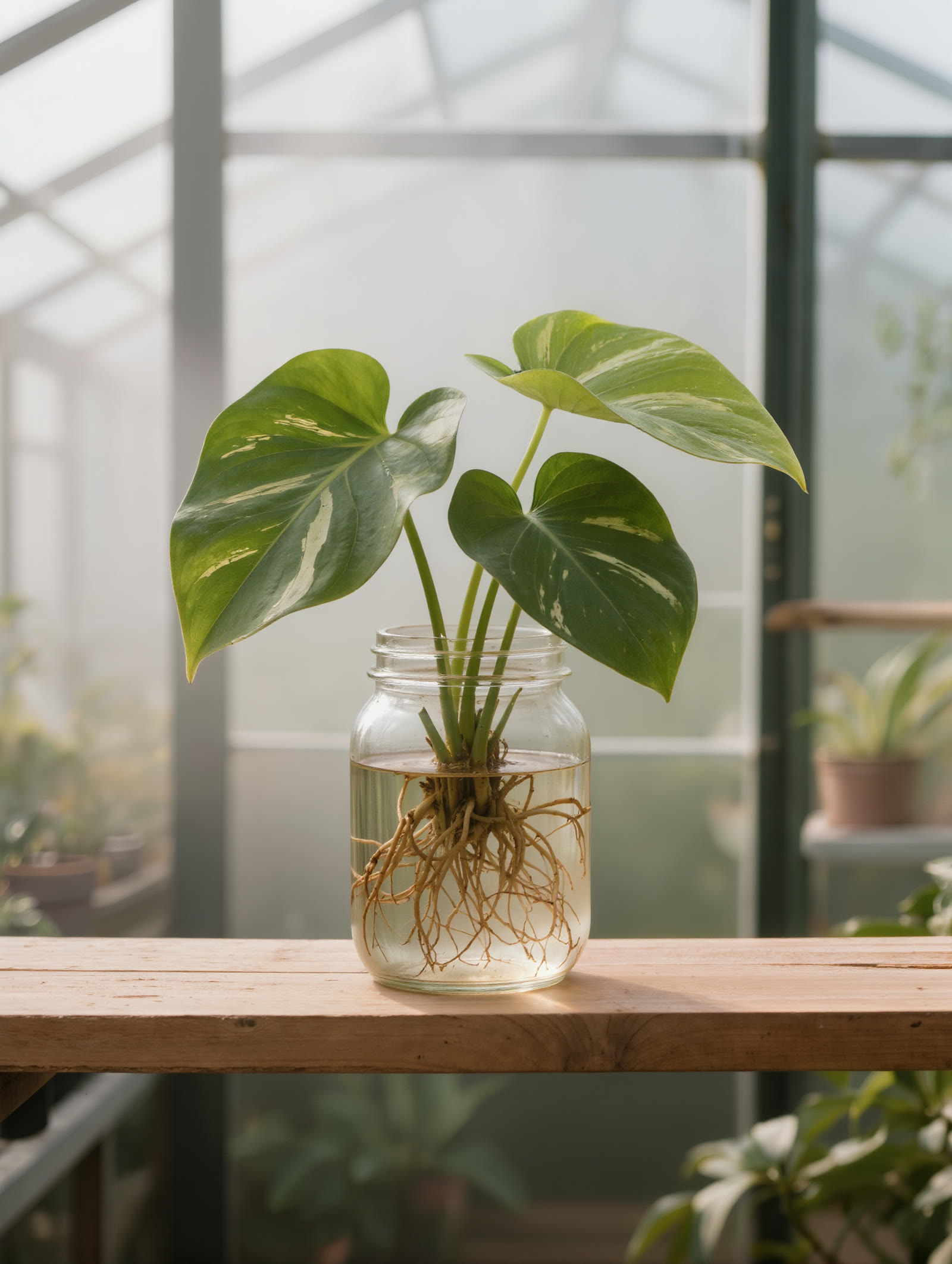 A rooted cutting in a glass jar, roots visible