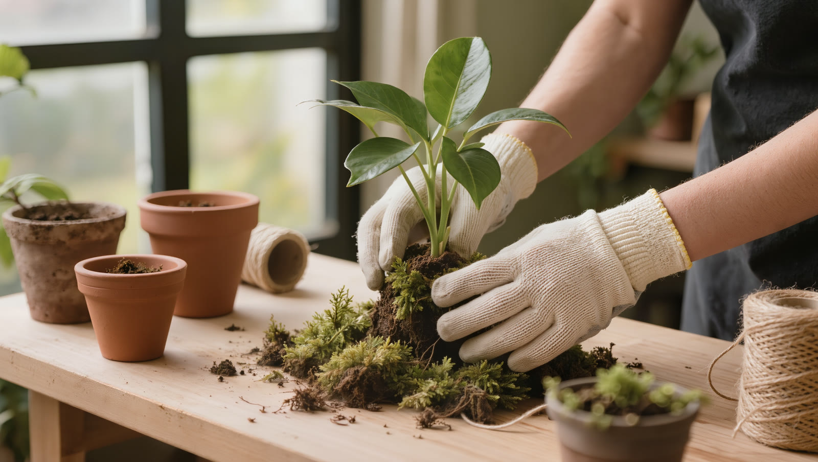 Gloved hands wrapping a root ball in wet sphagnum moss