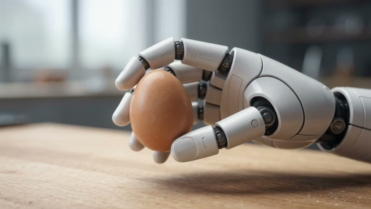 A white Halden robot hand holding a brown egg above a wooden table